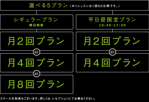 選べる5プラン（※1レッスンは1回50分間です。）：レギュラープラン　終日利用 月2回プラン or 月4回プラン or 月8回プラン / 平日昼限定プラン 10:30-17:20 月2回プラン or 月4回プラン / スクール生特典もございます。詳しくは、レセプションにてお尋ねください。